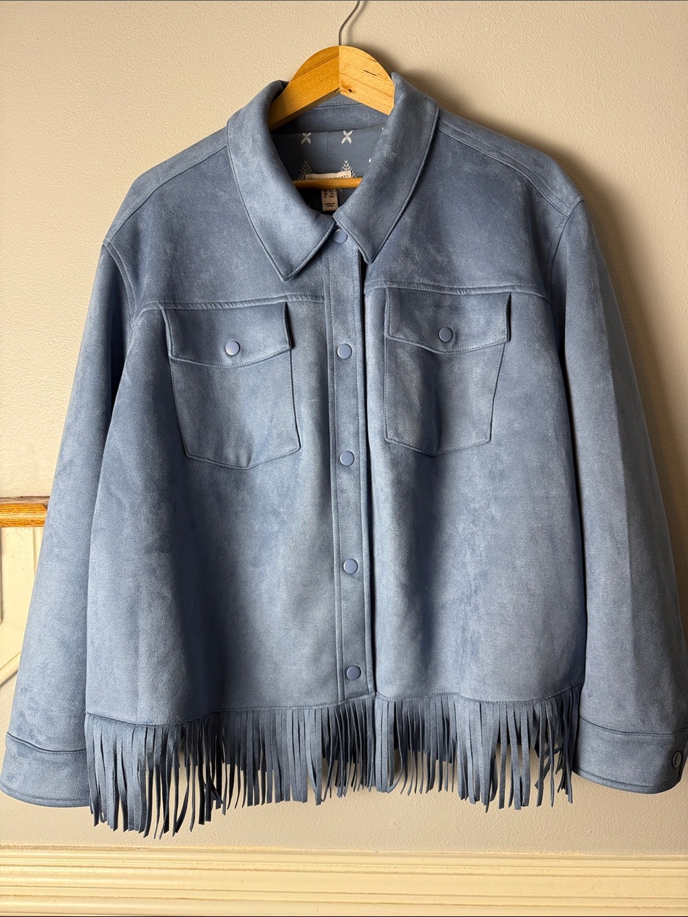 Women's Blue Suede Fringe Button-Front Jacket. Beautiful